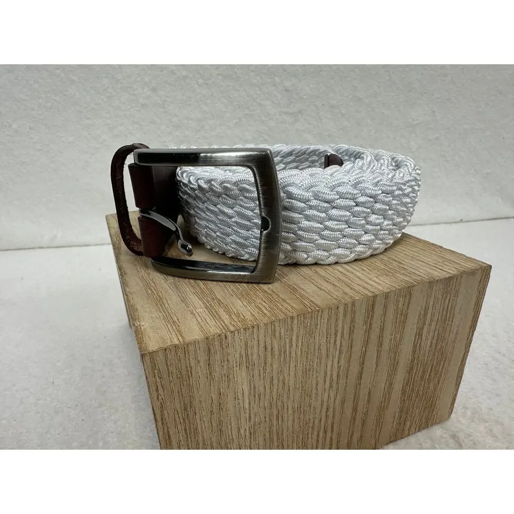 Johnston & Murphy Woven Braided Stretch-Knit Belt Brown Leather Trim SZ XL